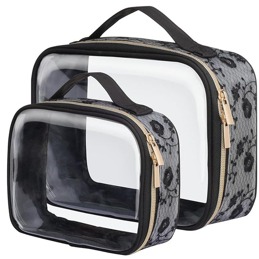 PACKISM Floral Texture Lace TSA Approved Toiletry Bag - 180° Large Opening Clear Makeup Bags in 2 Size, Clear Cosmetic Bags with Handle, 0.5 mm Thick Non-deformable No Smell, Black