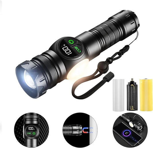 Rechargeable Flashlight True 5000 Lumens Outdoor Strong Cob Light, 5000mAh Zoomable Beam LED Flash Light with Magnet Over 15 Hours Battery Time 9 Light Modes and SOS for Emergencies, Camping
