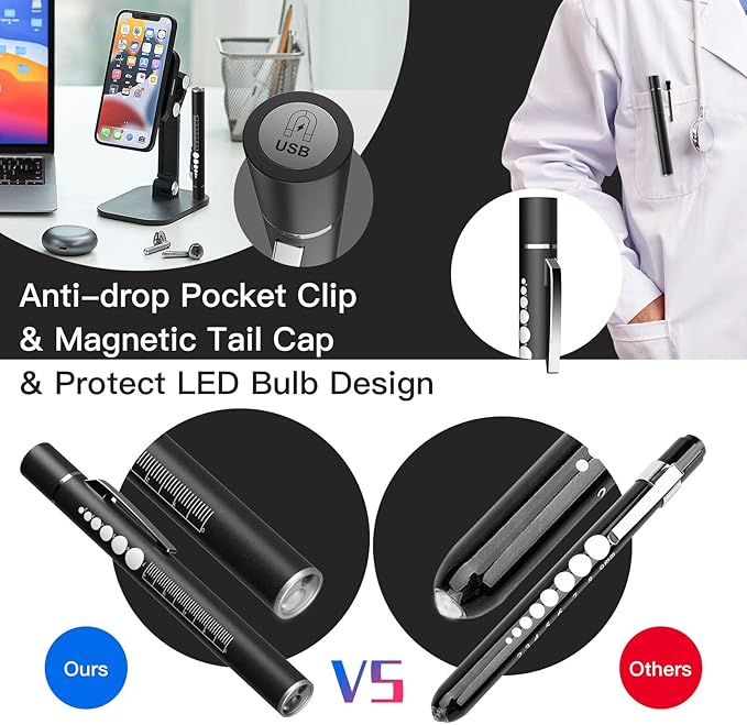 COSOOS 2 Rechargeable Pen Lights with Pupil Gauge & Ruler, Mini LED Penlights for Nurses Doctors, Warm/White Light with Clip, USB Rechargeable Penlight Flashlight Gifts for Nursing Student