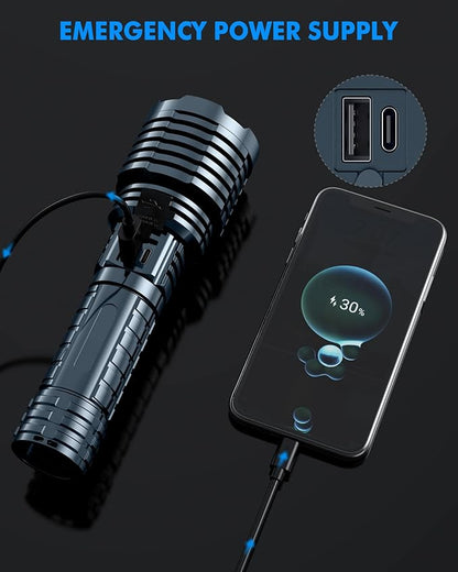 Super Bright Rechargeable LED Flashlights,True 2500000 High Lumens, Powerful Tactical Flashlight Up to 25H Long Battery Life |Zoomable|5Light Modes|IP67 Water Resistant for Camping (Grey)