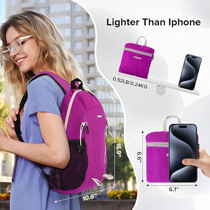 15L Highly Water-resistant Hiking Daypack, Small Backpack Travel Outdoor, Lightweight Day Pack with Tool Loops(Purple)