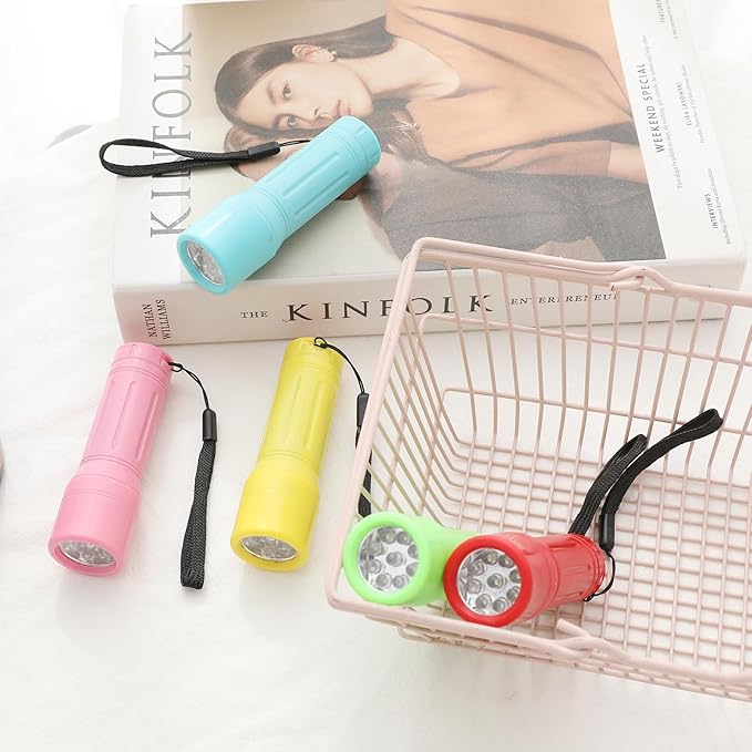 9-LED Mini Flashlight Bulk 50 Pack, Small Multicolor Kids Flashlights with Lanyard, Batteries Included, for Hurricane Supplies Party Favors, Kids Gift