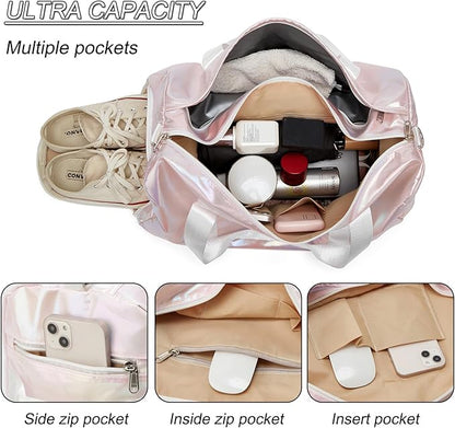 Sports Gym Dance Bag for Women Girls, Shimmery Waterproof Duffle Travel Bag With Shoes Compartment and Wet Dry Pocket (Pink)