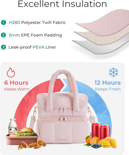 BAGSMART Lunch Bag Women, Double Deck Insulated Lunch Box, Quilted Puffer Lunch Tote, Leakproof, Durable & Reusable Large Lunch Cooler For Work Picnic Travel Meal Prep, Beige