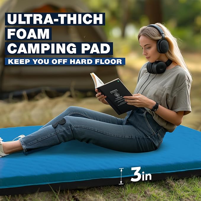 Overmont Self-Inflating Sleeping Pad - 3”Thick Memory Foam Camping Pad - Inflatable Camping Mattress Pad Sleeping Mat for Car Truck Travel Tent - 4 Season Durable Comfortable