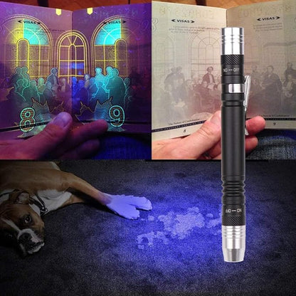 MODOAO LED Flashlight Pen Light, White and purple dual light flashlight for Test，LED Mini Pocket Pen Clip Flashlight work for Camping, Outdoor, Fishing, Emergencies