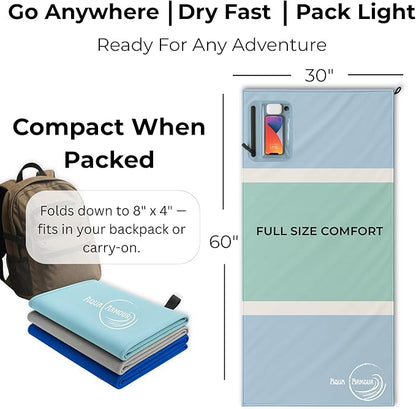 Go Anywhere Towel with Waterproof Phone Pouch - Quick Dry, Sand Free, Compact Beach Towel for Pool, Boat, Travel, Camping, Hiking & Outdoor Adventures (Mint)