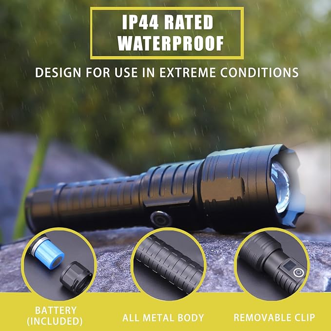 Flashlights High Lumens 10000Lumen Flashlight 5 Modes Power Display IP44 Waterproof, Zoomable High Power Flashlight for Camping Hiking Gift, Flashlights for Emergencies（7.1 * 2）(Battery Free)