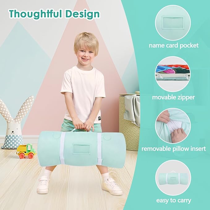 Kids Sleeping Bag Toddler Nap Mat with Removable Pillow, Large Foldable Sleeping Bag for Girls Boys, Easy Clean Slumber Bag with Double Zip for Camping School Preschool Daycare, 59×24 inch