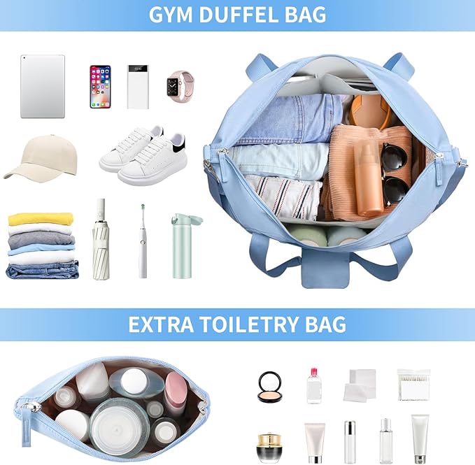ETRONIK Gym Bag for Women, Personal Item Travel Bag with Shoes Compartment, Weekender Overnight Duffel Bag with Wet Pocket & USB Charging Port, Carry On Bag for Women, Travel, Gym, Weekend (Blue)