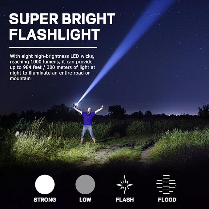 Solar Flashlight Rechargeable 8 LED Handheld with COB Sidelight, High Lumens 3 Modes Searchlight, Portable Lightweight Waterproof Spotlight for Fishing Outdoor Camping Emergencies