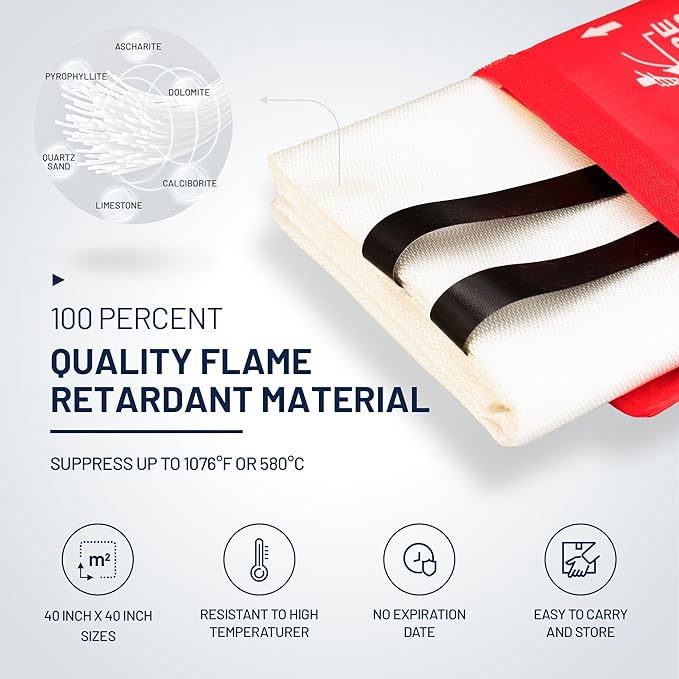 2-Pack Emergency Fire Blanket for Home & Kitchen, 40” x 40" Flame-Resistant Blankets Suitable for Camping, Barbecue, Picnic, Car, Fireplace & Warehouse Emergency Survival Safety Blankets.