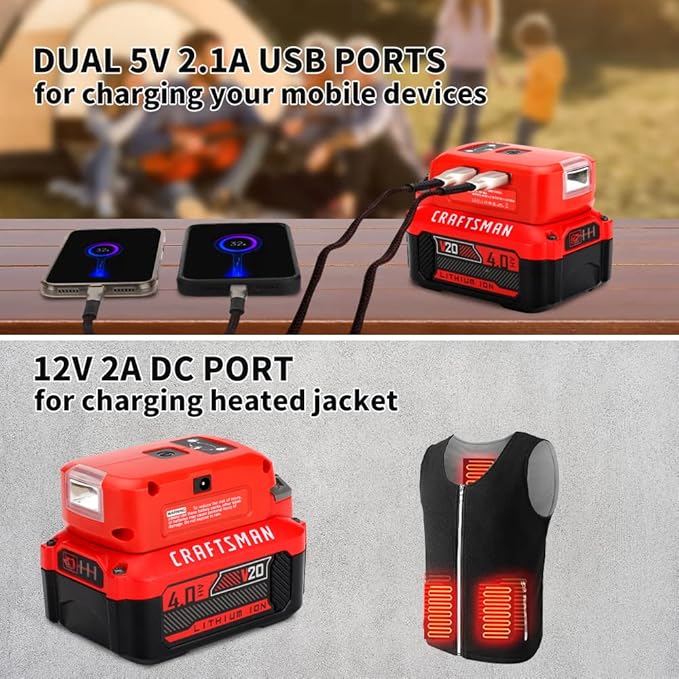 Battery Adapter Charger for Craftsman V20 Li-ion Battery Power Source with 3W 140LM LED Light, 2 USB Ports, 12V DC Port Flashlight Worklight Outdoor Camping Lantern Light