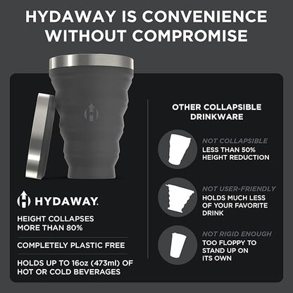 HYDAWAY Collapsible Pint - 16 oz, Silicone & Steel Rim I Collapsible Cup for Beer, Water & Soda, Portable Drinking Cup for Party, Camping, Backpacking & Hiking, Folding Travel Cups Collapse to 1-inch