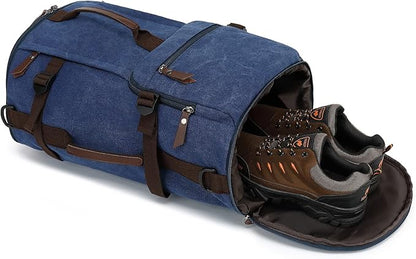 Gym Duffle Bag Backpack 4-Way Vintage canvas with Shoes Compartment for travel Sport Hiking laptop (Vintage blue) X-Large