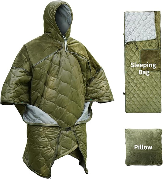 Sleeping Bag for Adult, Wearable Blanket Insulated Poncho Hooded, Sleepingbag Quilt for Winter Camping Hiking Sports