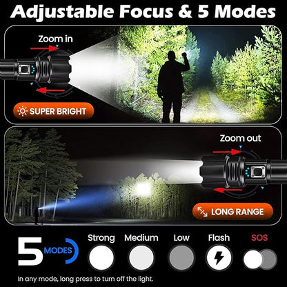 Rechargeable Flashlight, LED Flashlights High Lumens, 990000 Lumen Super Bright Flash Light Tactical 5 Modes Brightest, 15H Runtime Waterproof Zoomable for Emergency Camping Essential Hiking Gear Home
