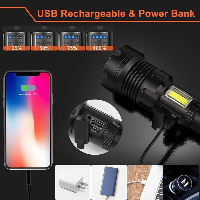 BESTSUN 26000 High Lumens LED Flashlight,Super Bright XHP90 LED Flashlights,Rechargeable Brightest Handheld Led Flash Lights,Powerful Waterproof Zoomable Lamp with 7 Modes for Emergency,Camping