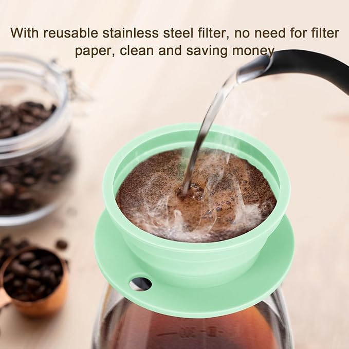 2 Pieces Collapsible Paperless Travel Pour Over Coffee Dripper Kit, Single Cup Travel Pour Over Coffee Maker Camping, Portable Silicone PourOver Coffee Filter Reusable (Purple+Green)