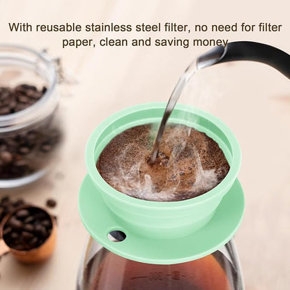 2 Pieces Collapsible Paperless Travel Pour Over Coffee Dripper Kit, Single Cup Travel Pour Over Coffee Maker Camping, Portable Silicone PourOver Coffee Filter Reusable (Purple+Green)