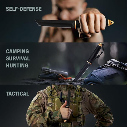 Tanto Camping Knife with Sheath - 3+ Colors - 5,9" Fixed Full Tang Mirror Polished Blade - Cool Survival Knives with Black Paracord Handle - Tactical Work Knives for Hunting Hiking EDC 2307 Black