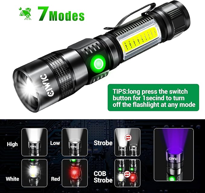 Rechargeable UV Flashlight, 3in1 Tactical Flashlight LED UV Black Light with Redlight, 1200 High Lumen Magnetic LED Flashlight with COB Sidelight, 7 Mode, Zoomable, Waterproof for Camping 2Pack