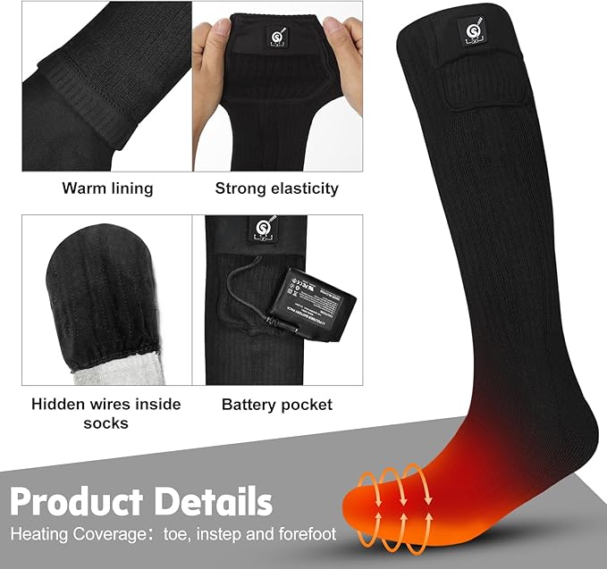 Heated Socks for Men Women Battery Electric Heated Socks Rechargeable 7.4V 2200mAh up to 6.5hrs for Outdoor Skiing Hiking Camping Working, Cold Weather Foot Warmer