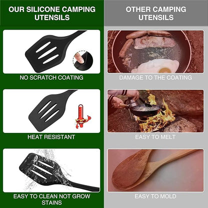 Camping Essentials Cookware Cooking Utensils Set - Camping Kitchen Utensils, Portable Outdoor Accessories, Stainless Steel & Silicone, Camping Gear Equipment for RV Picnic Grill