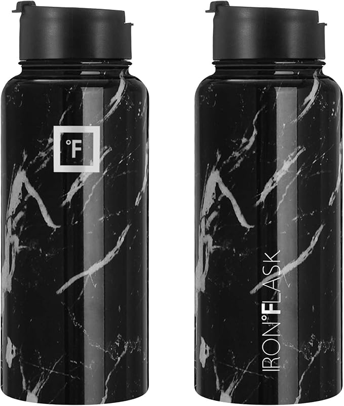 IRON °FLASK Camping & Hiking Hydration Flask, Wide Mouth, 3 Straw Lids, Stainless Steel Outdoor Water Bottle, Double Walled, Insulated Thermos, Metal Canteen - Black Marquina, 32 Oz