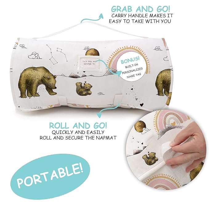 JumpOff Jo - Extra Long Toddler Nap Mat for Preschool, Daycare and Kindergarten - Sleeping Bag for Kids with Removable Pillow and Ultra Soft Blanket - Rainbow Bears
