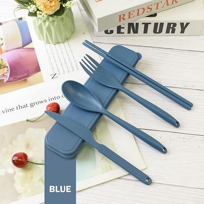 Large Reusable Travel Utensils Set with Case, Plastic Silverware Set for Adults Travel Picnic Camping, Portable Flatware Cutlery Set with Chopsticks for Daily Use(Dark Blue)