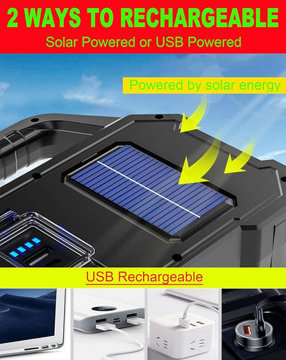Solar Rechargeable LED Spotlight Flashlight, Super Bright 6000LM Handheld LED Searchlight, Multi-functional Portable Lamp Camping Lantern Flashlight, 6 Light Modes, Power Bank, IPX4 Waterproof