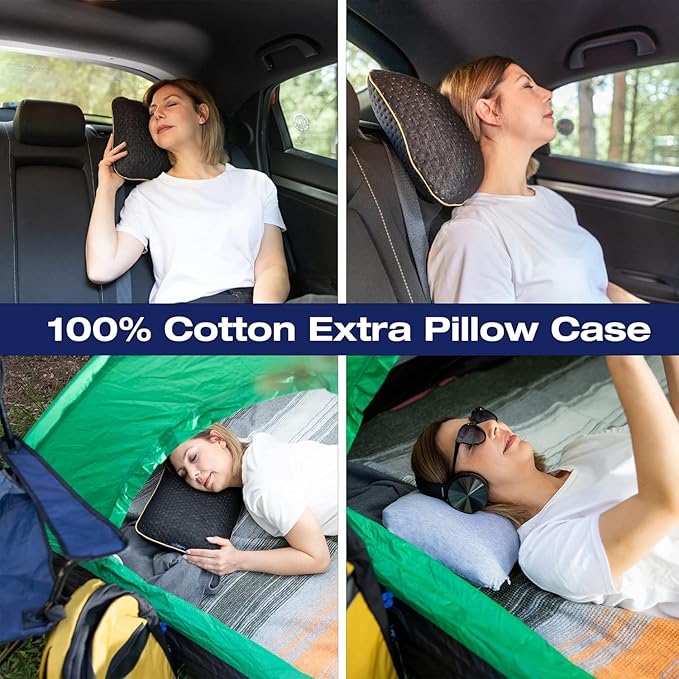 Travel & Camping Comfortable Memory Foam Pillow with Extra Cotton Cover – Easy to Carry Portable Bag