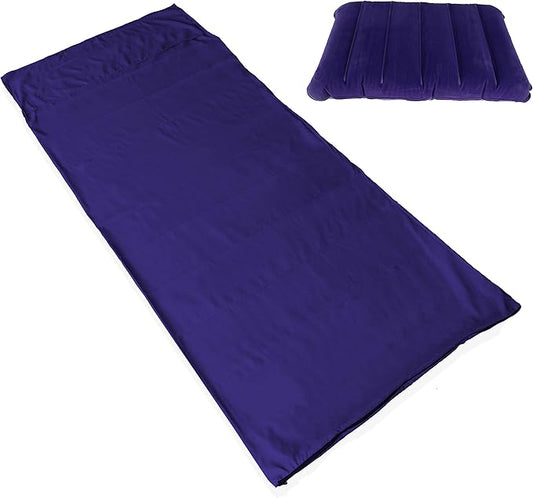Sleeping Bag Liner, Blue Microfiber Adult Sleep Sack Travel Sheet with Zipper for Camping or Traveling Complete with a Carry Bag and Inflatable Pillow