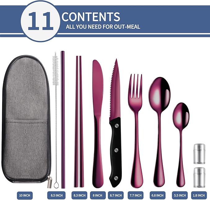 Portable Travel Utensils Set,Reusable Utensils,Travel Camping Cutlery Set,Stainless Steel Flatware Set with Case,Lunch Boxes Workplace Camping School Picnic (Purple)