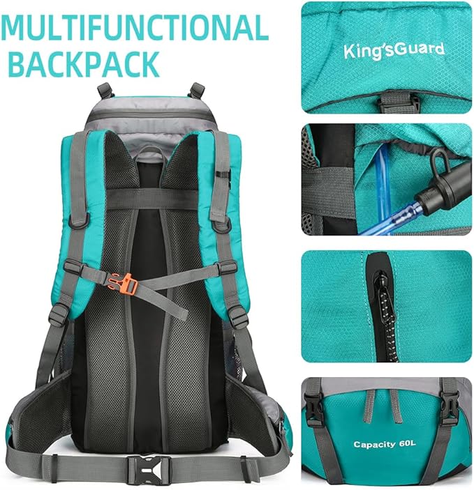 King'sGuard 60L Hiking Backpack Men Women Camping Backpack Waterproof Backpacking Mountaineering Climbing Daypack (Lake Blue)