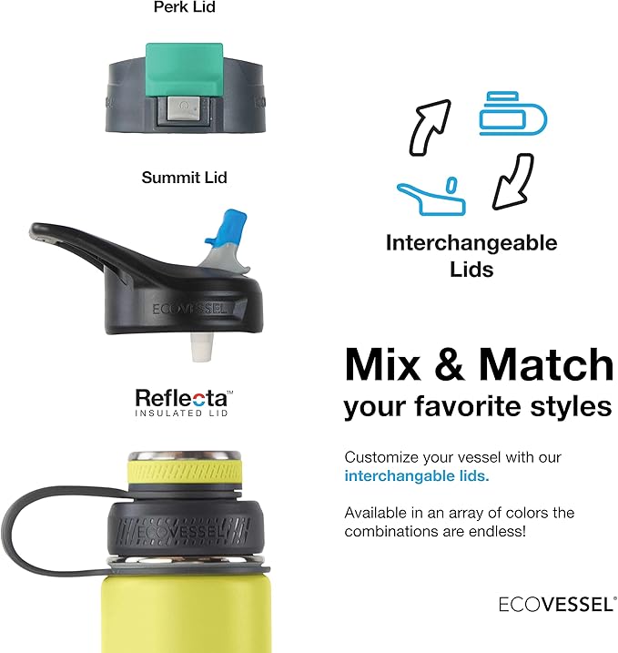 EcoVessel Stainless Steel Water Bottle with Insulated Dual Lid, Insulated Water Bottle with Strainer and Silicone Bottle Bumper, Coffee Mug – 20oz (Navy-Colorado)