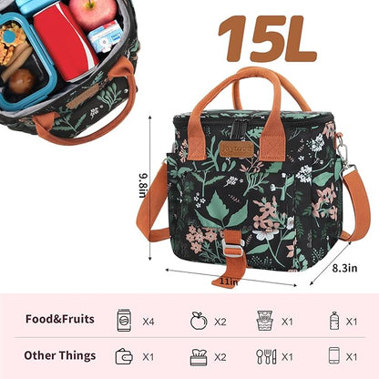 Joymee Large Insulated Lunch Bag for Women Adults, Reusable Waterproof Lunch Box for Work Picnic Camping, Small Lunch Cooler Leakproof Tote with Side Pocket Adjustable Shoulder Strap - Green Leaf