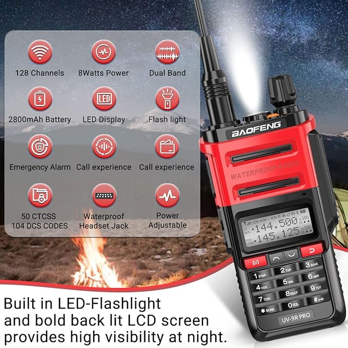 BAOFENG UV-9R PRO Dual Band Two-Way Radio Ham Radio Dustproof Waterproof IP67 Transceiver Walkie Talkie 8W Upgraded Version of UV-9R Plus with Type-C Charger Cable