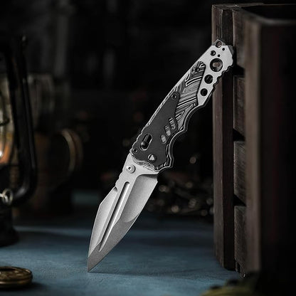 '-Intruder-03BW｜Heavy Folding Pocket Knife for Men，Outdoor Camping EDC Knives with Clip ，4.29" Stonewash 14C28N Steel Blade ，Brass Washer，Ti & Damascus G10 Handle