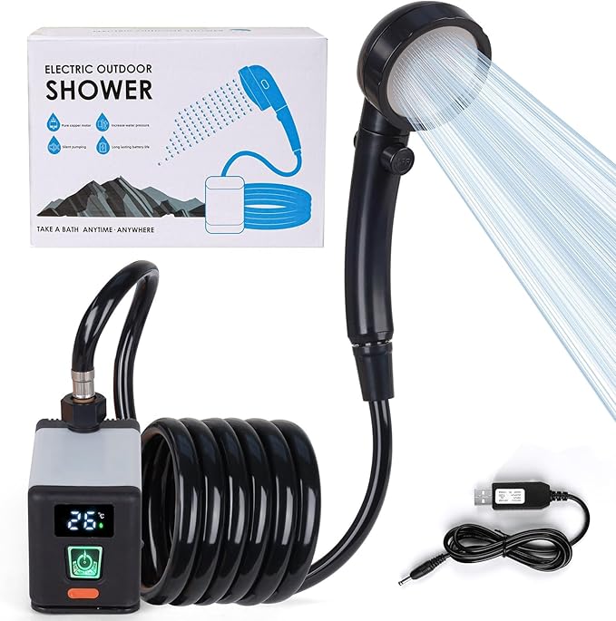 High Pressure Camping Shower, Portable Outdoor Shower with High-Speed Brushless Motor - 6000mAh, 2000RPM Water Pump, 3 Spray Settings for Hiking, Car Wash, Pet Cleaning, Beach Vacations