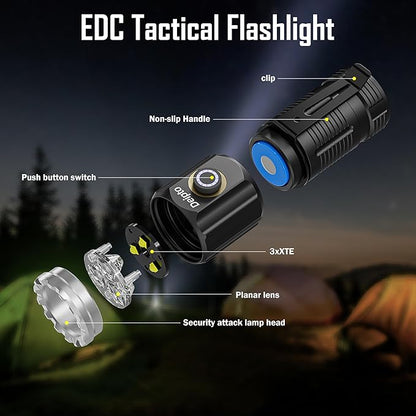 LED Mini Flashlight Rechargeable, German Three-Eyed Monster Mini Flashlight with Clip, IP54 EDC Tactical Flashlight with 5 Modes for Outdoor, Home, Emergency,Camping, Working (2 Pieces)