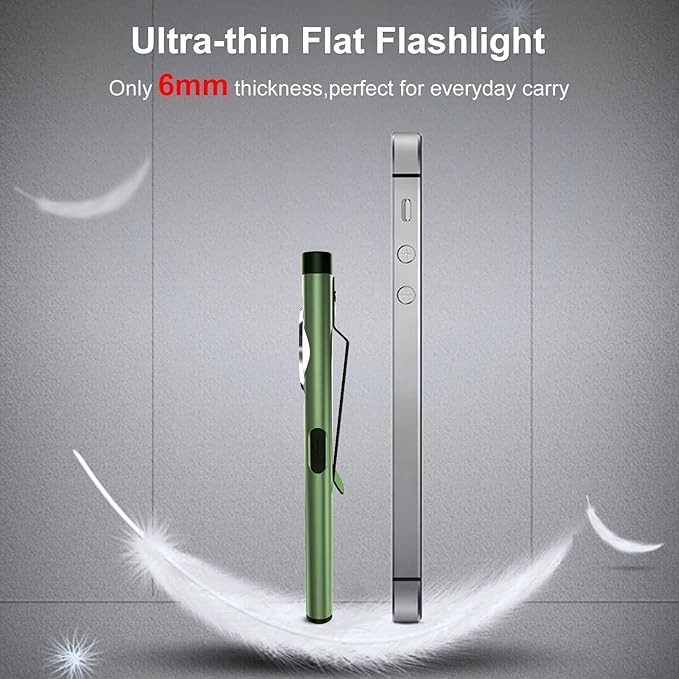 klarus E5 Pocket Flashlight, Rechargeable EDC Flashlight, Super Slim Flat 4.2x1x0.3inch, 470 Lumens, USB-C Port, IPX4, Dual Light Source with Magnetic Base, Hat & Clothes Clip - Green