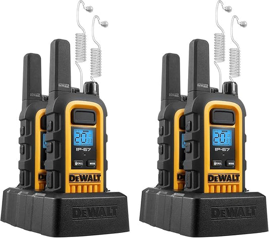DEWALT DXFRS300 1 Watt Heavy Duty Walkie Talkies with Headsets - Waterproof, Shock Resistant, Long Range & Rechargeable Two-Way Radio with VOX (4 Pack) (2DXFRS300-SV1)