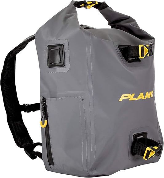 Plano Z-Series Roll-Top Waterproof Fishing Tackle Backpack, Gray Fabric, Includes 2 Clear 3700 StowAway Utility Boxes, Fishing Backpack with Tackle Boxes