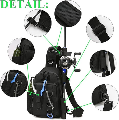 Fishing Sling Bag - Small Fishing Tackle Storage Bags with Rod Holder(Green)