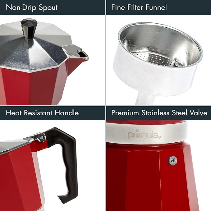 Primula Classic Stovetop Espresso and Coffee Maker, Moka Pot for Italian and Cuban Café Brewing, Greca Coffee Maker, Cafeteras, 6 Espresso Cups, Red