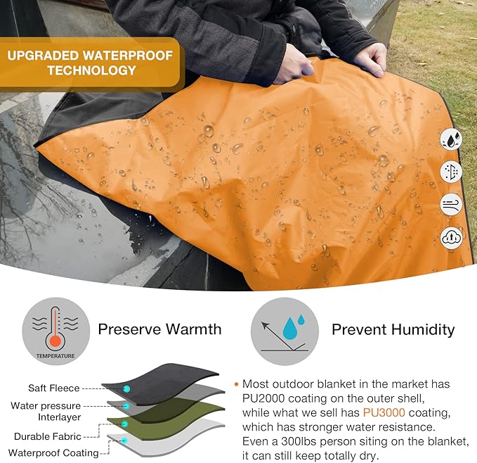 DUKUSEEK Hooded Outdoor Blanket, Extra Large (79"x 59") Waterproof Camping Blanket, Quilted Fleece, Warm, Windproof, Sand Proof, Portable and Wear-Resistant, for Sports, Picnic, Hiking, Travel…