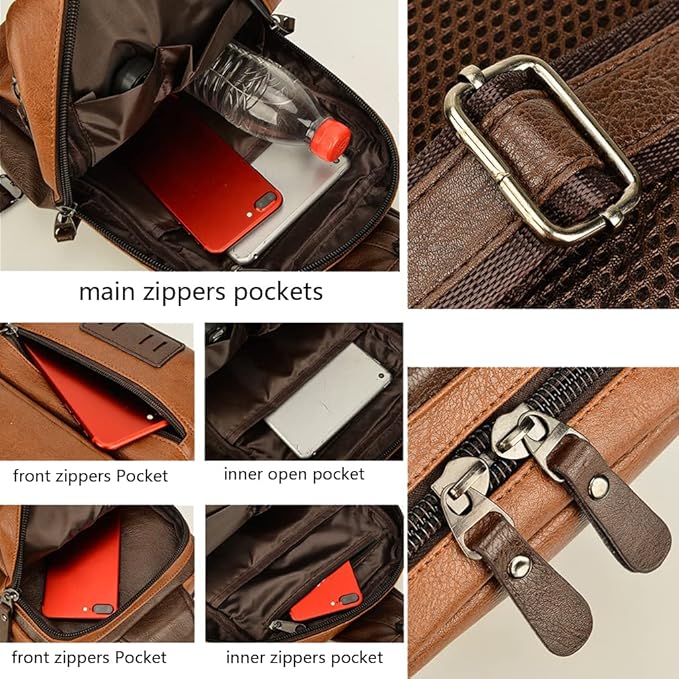 KPYWZER Leather Sling Bag Hiking Daypack for Men Women Outdoor Travel Camping Fishing Crossbody Shoulder Chest Pack Backpack Daypack Brown