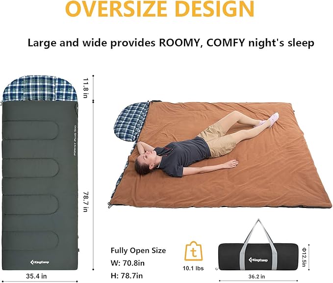 KingCamp 3-in-1 Sleeping Bag for Adults Cold & Warm Weather, XL Size for Big & Tall Individuals, Waterproof, Flannel Lining, Extra Length-Ideal for Camping & Backpacking